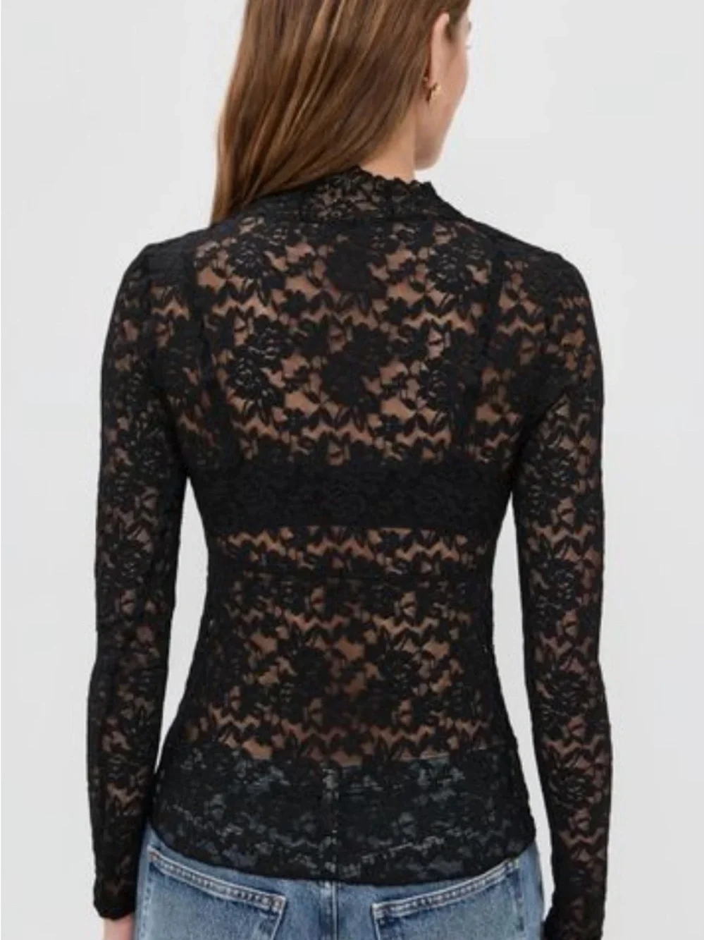 Free People All Day Lace Top Black Sheer Floral Lace Long Sleeve  Size Medium